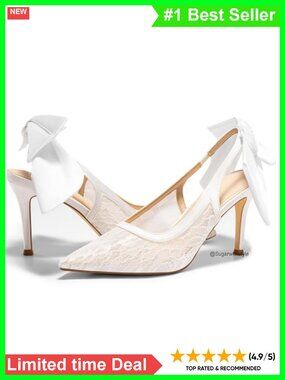 Pointed Toe Slingback Stiletto Heels Bow Lace Patchwork Dress Pumps